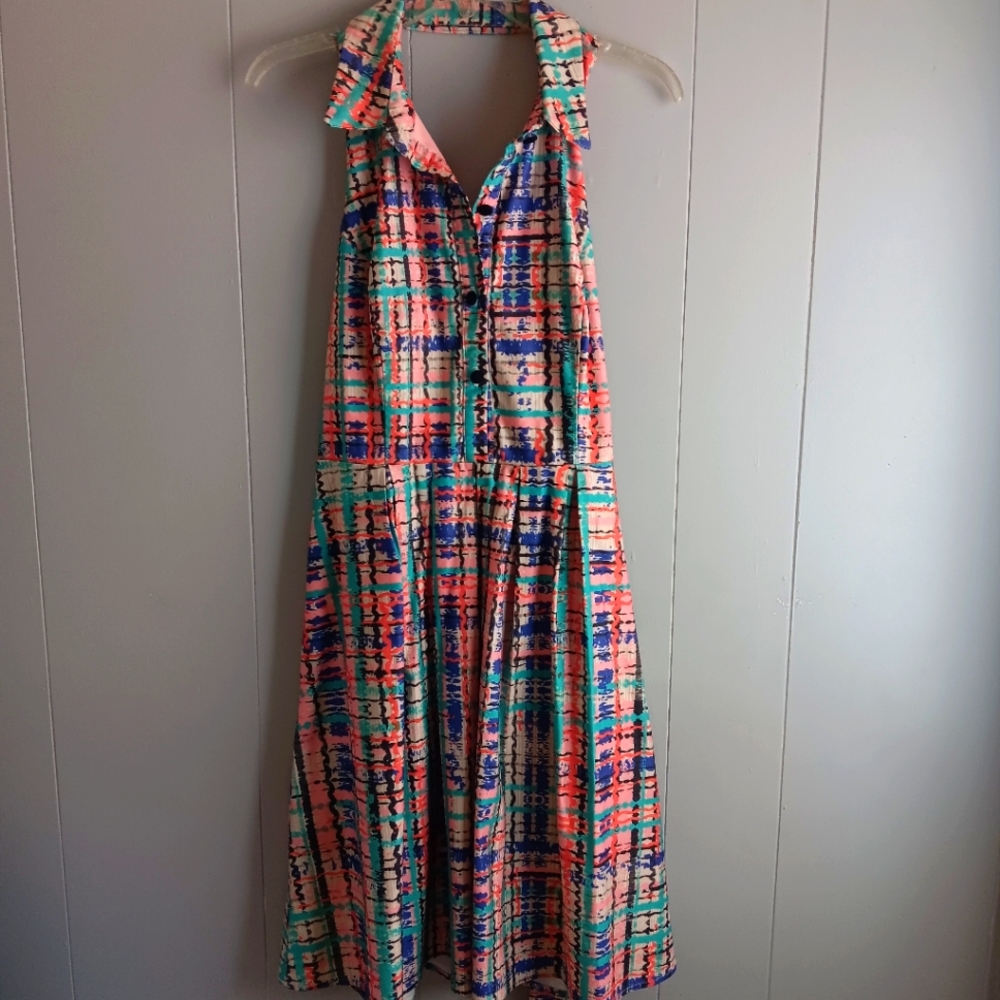 Eva Franco Sleeveless Collared Maxi Dress in Coral, Teal & Navy